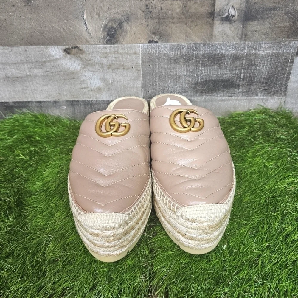 GUCCI Charlotte Matelasse gold GG Marmont logo platform espadrille jute mule - Picture 9 of 15